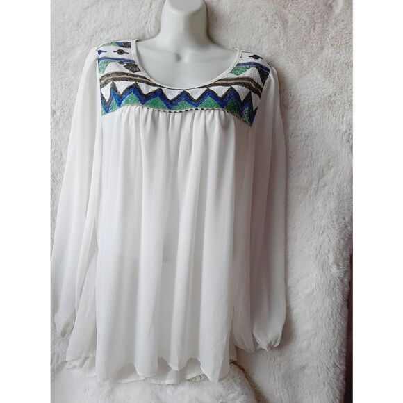 UMGEE white sheer sequin baloon sleeve large blouse - Picture 1 of 5